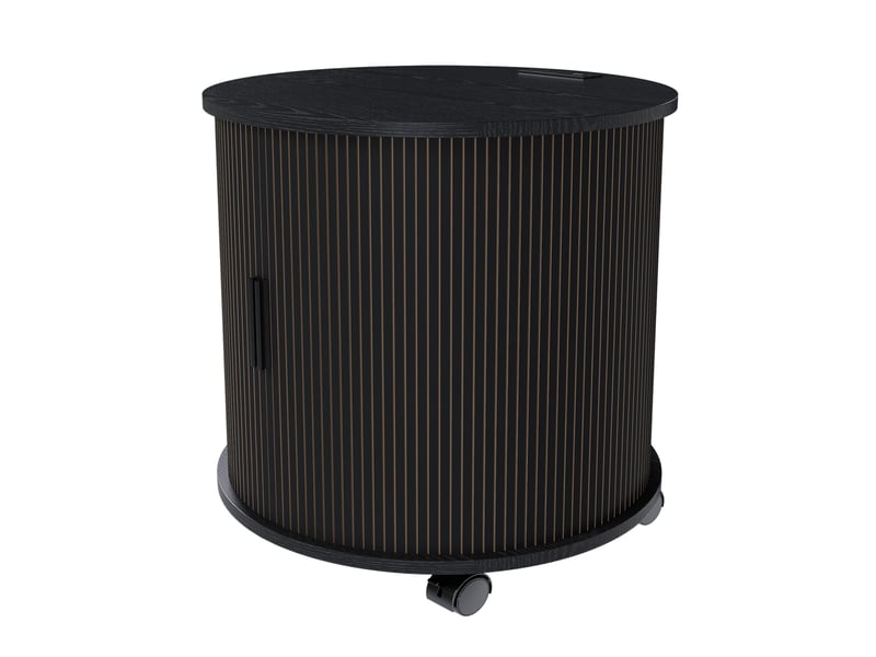  Table basse ronde avec porte coulissante, 2 niches, prise et 2 ports usb sur roulettes, en mdf noir, pour chambre  - Conforama A