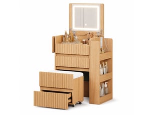 Coiffeuse naturelle avec miroir led rabattable, prises, 3 tiroirs et tabouret à roulettes 79 x 40 x 120 cm