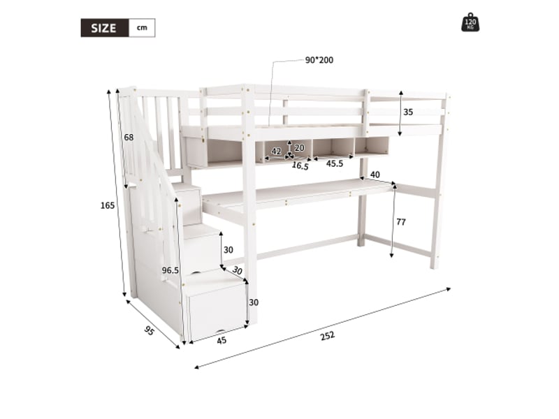  Lit superposé enfant, 90×200 cm, escalier de rangement, bois massif + mdf, bureau + étagères, blanc  - Conforama C