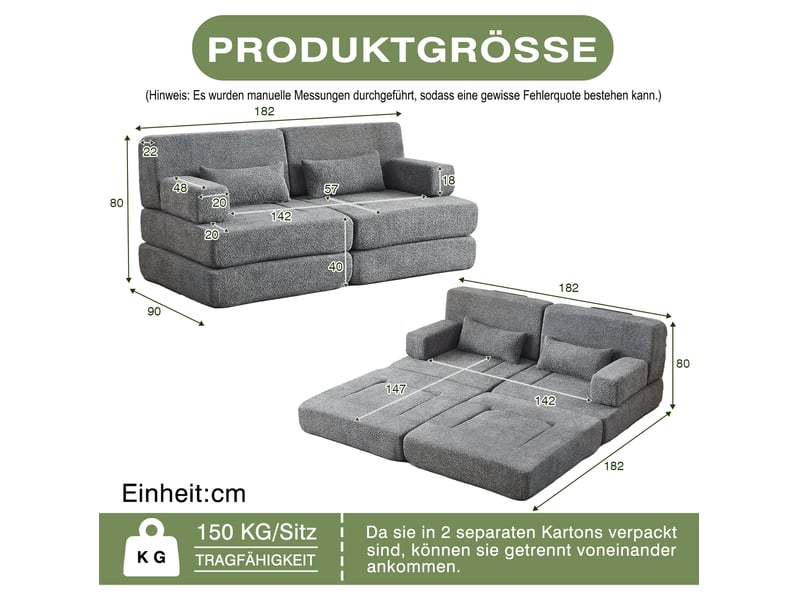 Canapé convertible modulaire 2 places gris en chenille – couchage d'appoint pliable, gain de place pour petits espaces - Conforama B