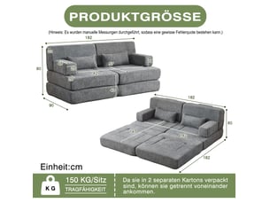 Canapé convertible modulaire 2 places gris en chenille – couchage d'appoint pliable, gain de place pour petits espaces
