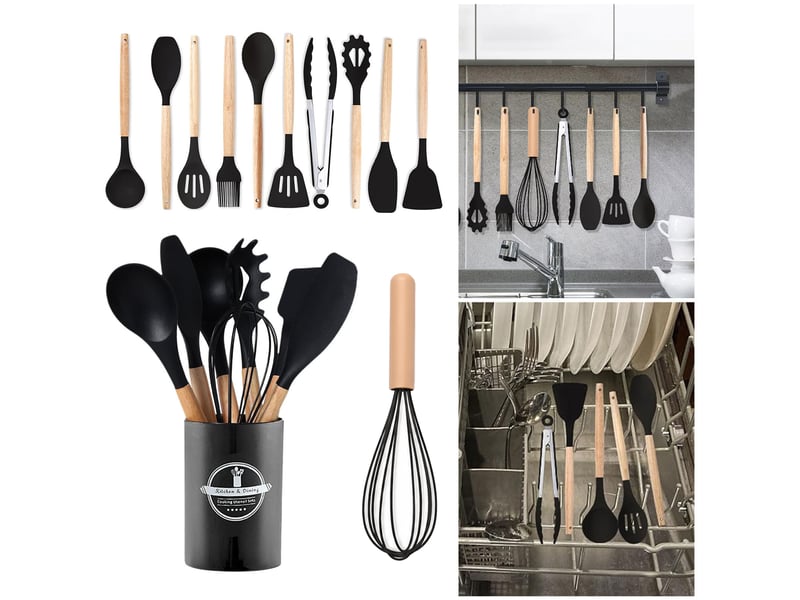 Set de 12 ustensiles de cuisine,meulva,32x10x10 cm,avec support,silicone,noir - Conforama E