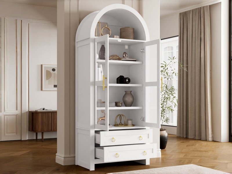  Vitrine rétro à 2 portes vitrées et 2 tiroirs, 76 x 40 x 180 cm, avec éclairage led et design arrondi, coloris blanc  - Conforama B