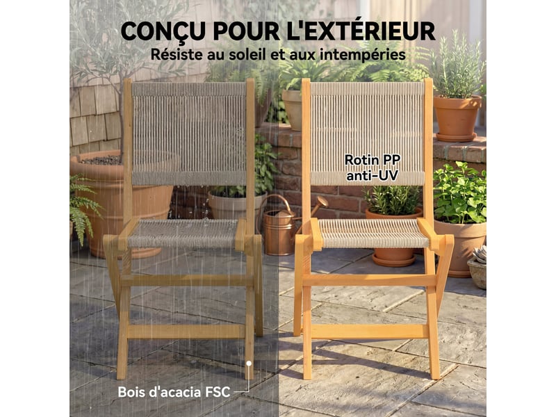  Lot de 2 chaises de jardin pliantes en acacia et corde tressée beige 48x55,5x88 cm  - Conforama E