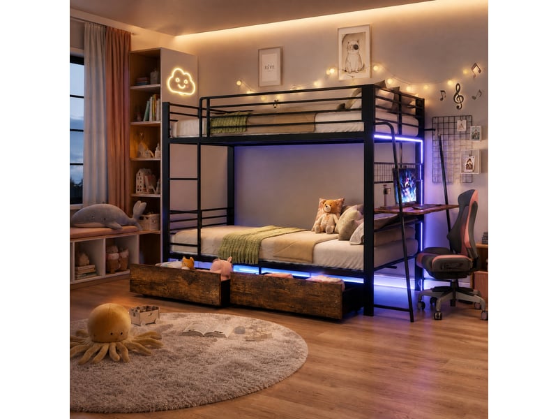  Lit mezzanine 90x200 cm, structure en métal et bois, coloris noir, tiroirs intégrés, éclairage led, bureau intégré, matelas non inclus  - Conforama E