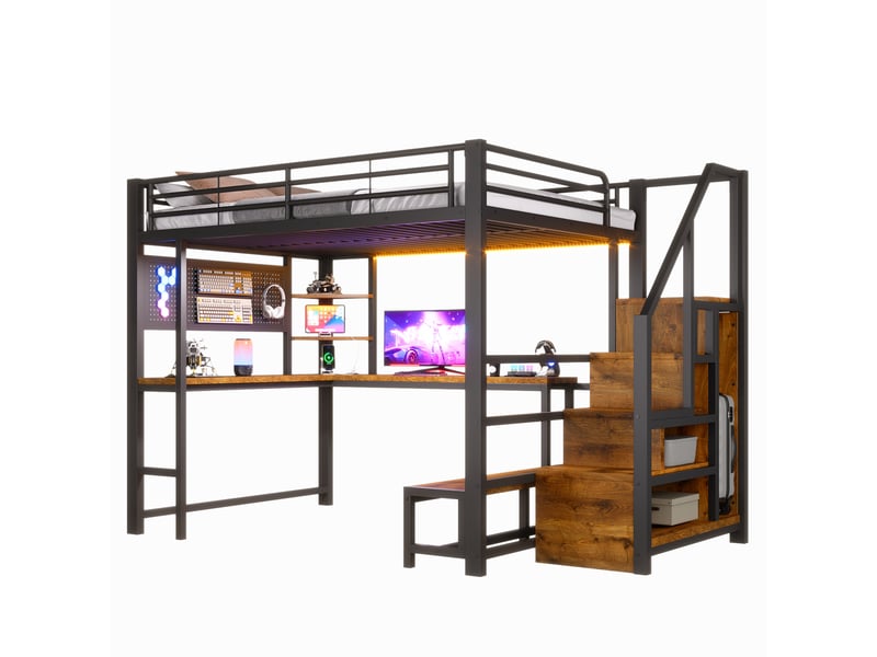  Lit mezzanine, 140 × 200 cm, noir, bureau, led, usb + type-c, armoire-échelle, panneau perforé, étagères, sans matelas  - Conforama A
