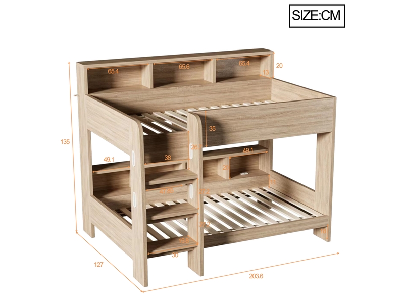  Lit superposé 2 places 90 x 200 cm avec rangements et barrière de sécurité, échelle large avec led et prises, en bois naturel avec étagères  - Conforama E