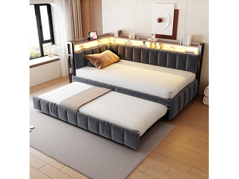  Lit gigogne 90x200 cm en velours gris foncé, canapé avec led réglable, usb, type-c et rangements, sans matelas  - Conforama B