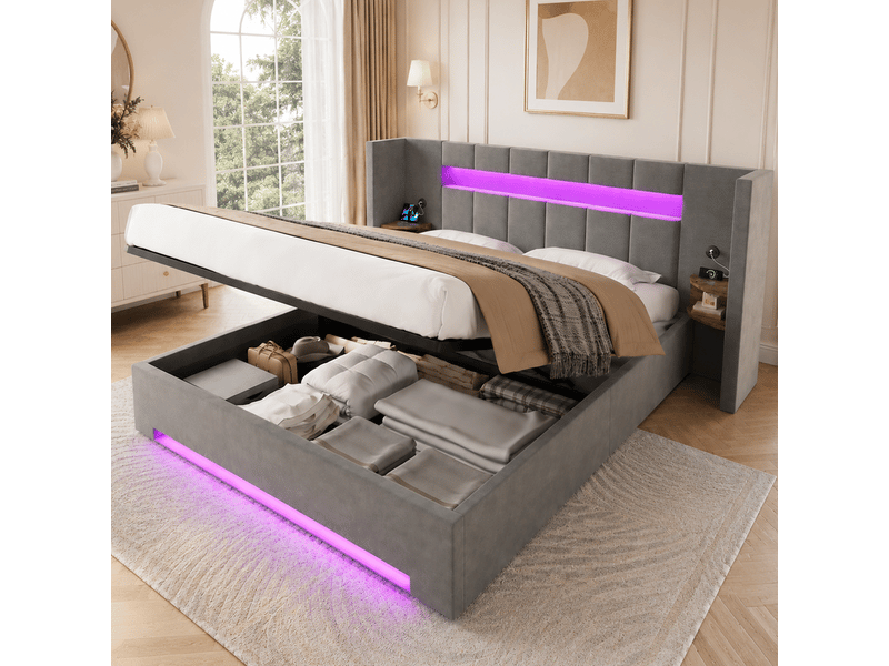  Lit coffre 180x200 cm, lit double, rangement hydraulique, armoire, led, velours gris foncé, port usb  - Conforama C