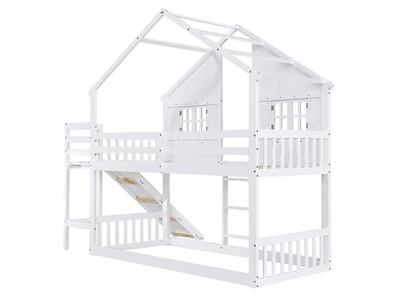  Lit superposé pour enfant avec toboggan, toit et fenêtre, barrière de sécurité et échelle à trois marches, pin et mdf, blanc, 90 x 200 cm  - Conforama E