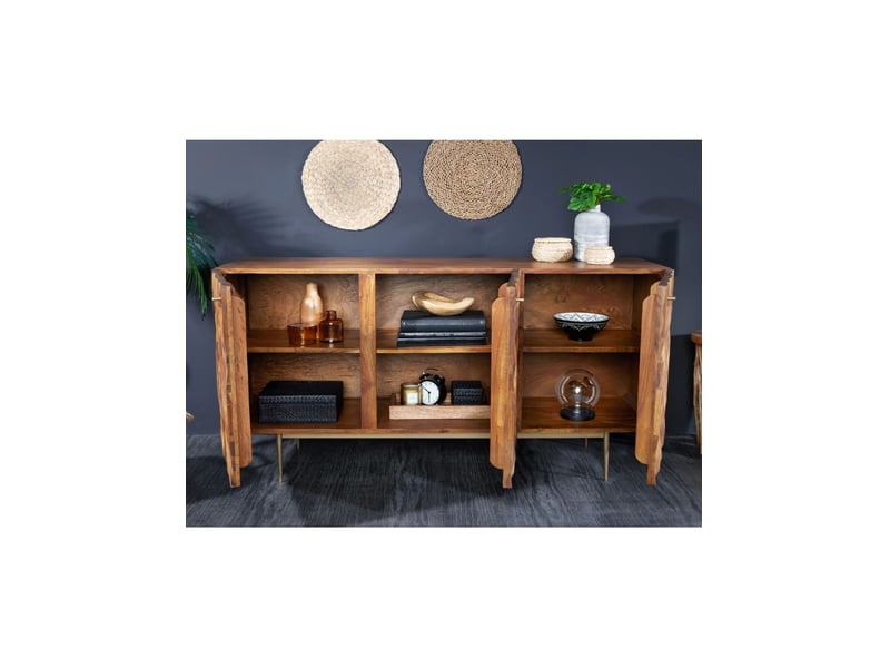  Buffet aravis 144 cm en bois massif de sheesham – 3 portes sculptées, marron et pieds dorés  - Conforama D