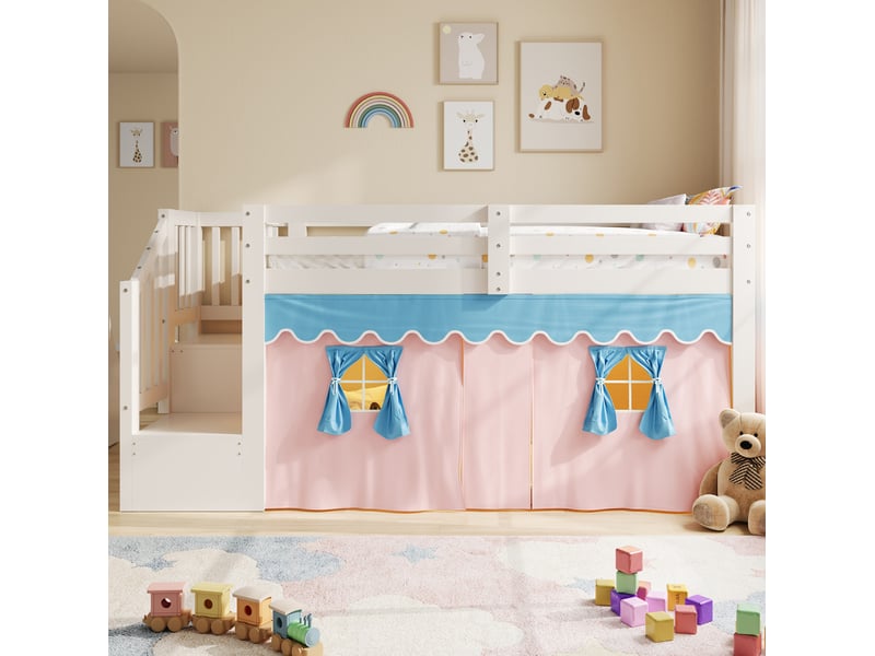  Lit mi-hauteur enfant 90 × 200 cm 1 place avec armoire-échelle, rideaux occultants et led réglable, sans matelas, blanc  - Conforama C