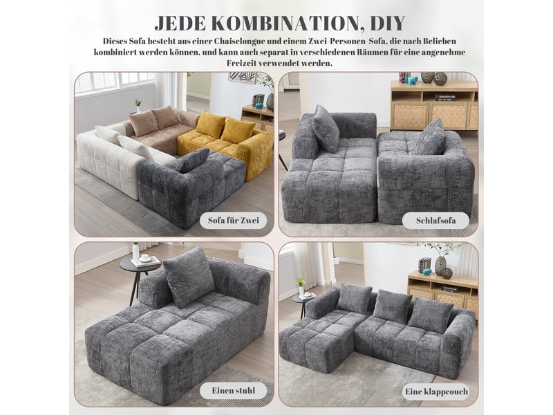  Canapé d’angle en l 3 places sans montage avec méridienne, accoudoirs, 3 coussins et poche latérale, chenille, gris Seren Glow - Conforama D
