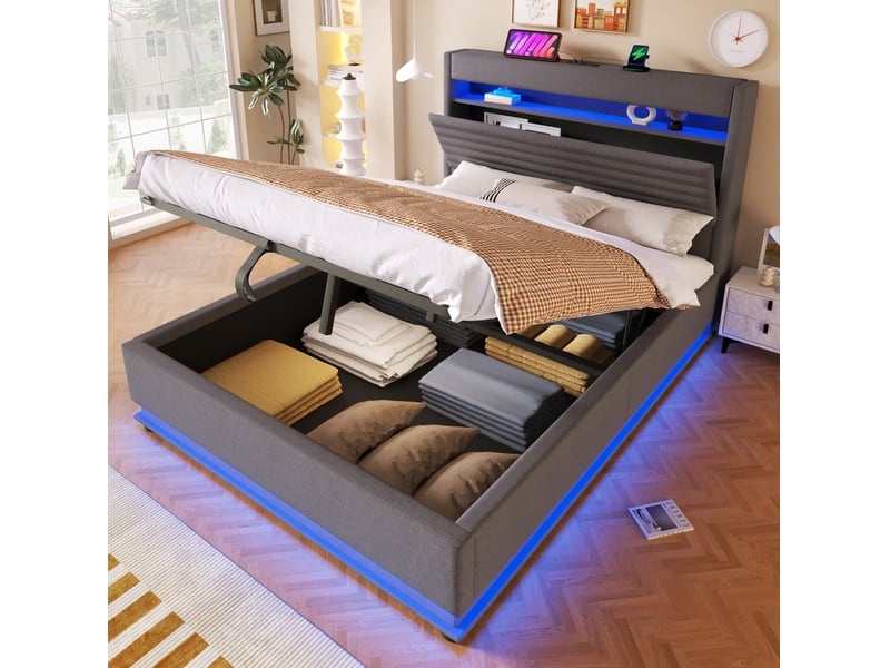  Lit coffre 2 places 140x200 cm avec led, usb et type-c coloris gris  - Conforama D
