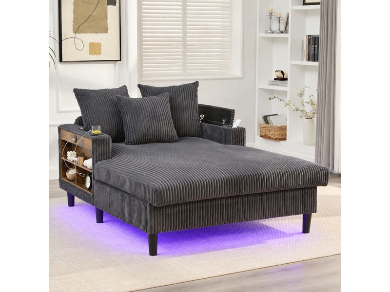  Chaise longue en velours côtelé avec grande surface de couchage, rangement, usb, led multicolore et porte-gobelets, gris foncé  - Conforama E