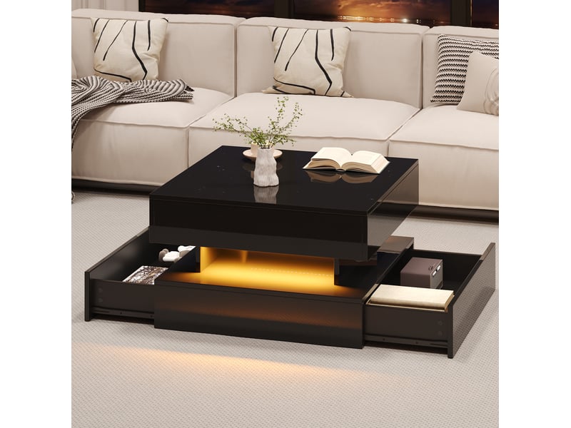  Table basse relevable avec 2 tiroirs, rangement dissimulé, led et plateau haute brillance, pour salon, 65 × 65 × 38,5 cm  - Conforama C