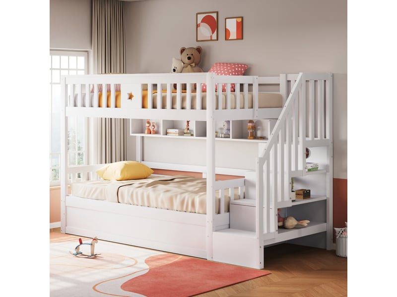Lit superposé enfant 2 places 90x200 cm avec rangement hydraulique sous lit, escalier de rangement, étagères, garde-corps, pin massif blanc - Conforama C