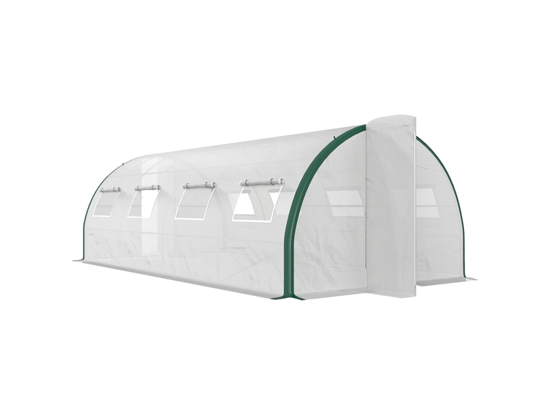 Serre tunnel de 6 x 3 m avec 2 entrées et 8 fenêtres, en pe, polyester et acier galvanisé, blanc et vert - Conforama A