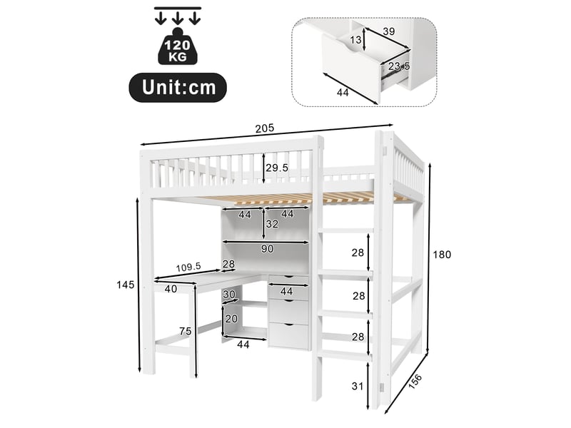  Lit mezzanine enfant 140 x 200 cm avec bureau, rangements et échelle blanc  - Conforama E