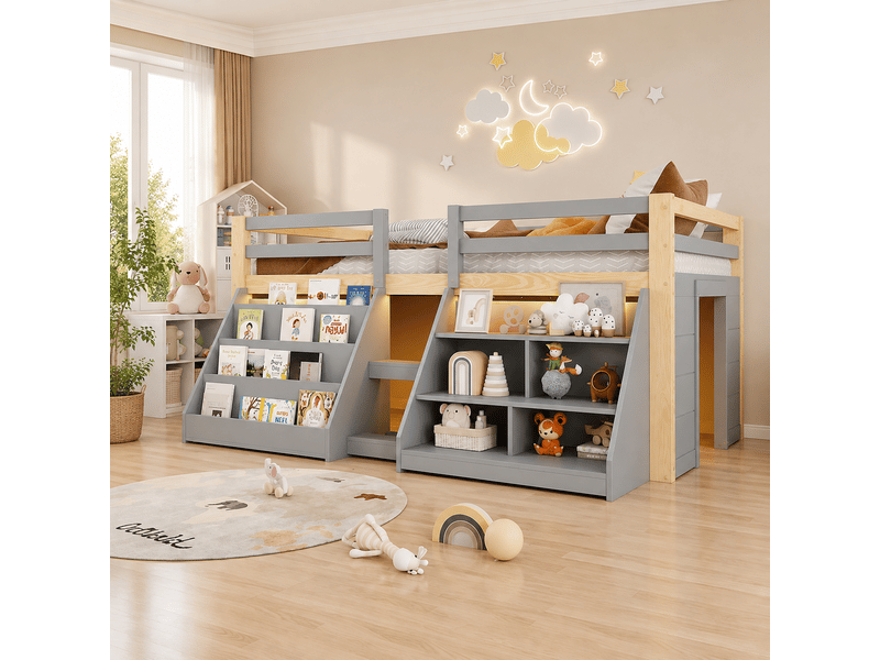  Lit enfant mi-hauteur 90 x 200 cm avec étagères, led intégrée, barrière de sécurité et échelle, pin, gris et naturel Bliss Lite - Conforama D