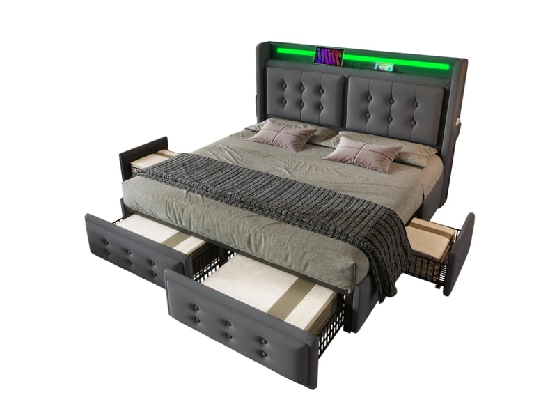  Lit double 140x200 cm tissu gris – matelas inclus, tête led usb-c, 4 tiroirs et sommier boismétal, 300 kg  - Conforama A
