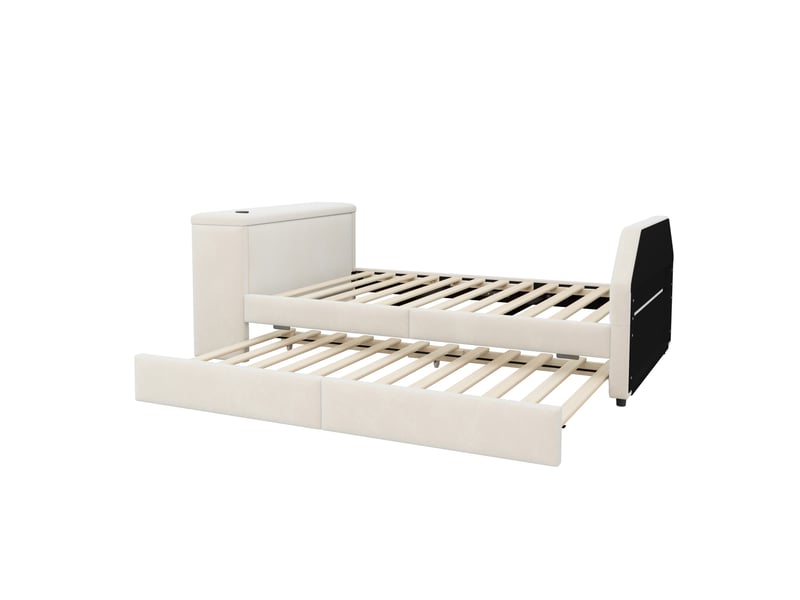 Lit enfant 90x200 cm avec bureau, usb et lit gigogne, velours beige, sans matelas - Conforama D