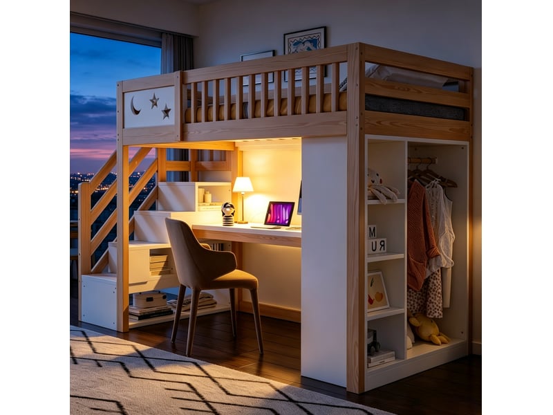  Lit mezzanine 90x200 cm avec bureau, led et prises, pour chambre, en bois et mdf, blanc et bois naturel, sans matelas  - Conforama D