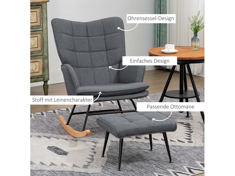  Fauteuil à bascule avec repose-pieds, dossier haut et accoudoirs, en polyester gris, charge 130 kg  - Conforama E