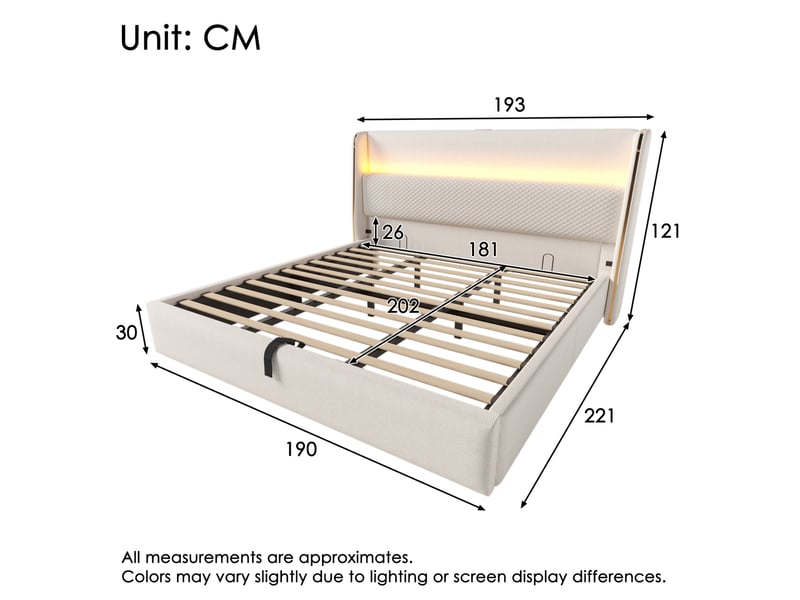  Lit coffre 180 × 200 cm 2 places avec led réglable, usb et type-c, rangement hydraulique, avec matelas, beige  - Conforama D