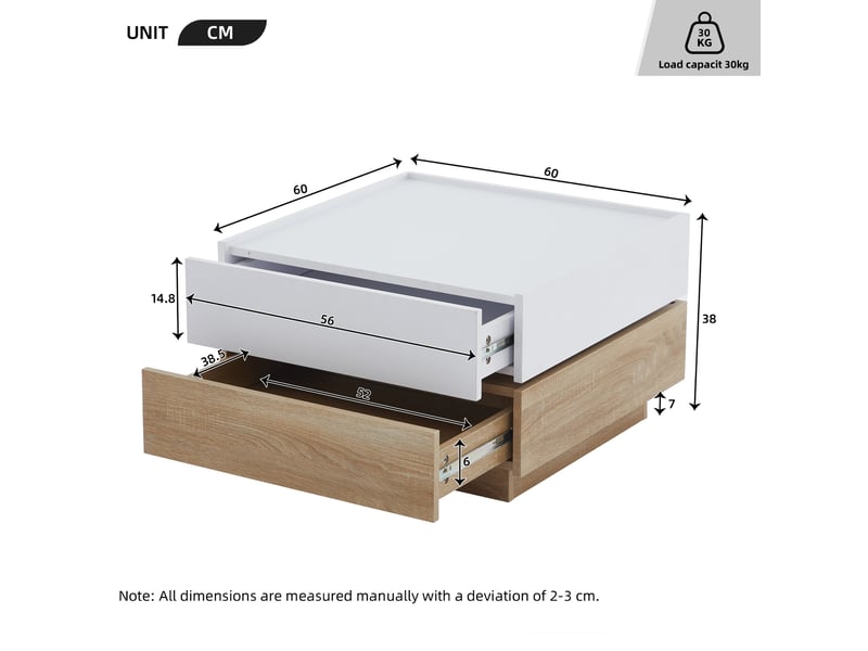  Table basse pivotante avec 2 tiroirs et plateau 360°, structure à 2 niveaux, pour salon, 60 × 60 × 38 cm  - Conforama D