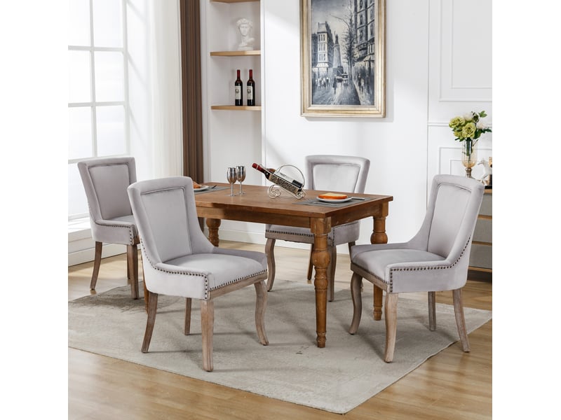  Lot de 4 chaises de salle à manger en velours gris avec pieds en bois et clous décoratifs  - Conforama D