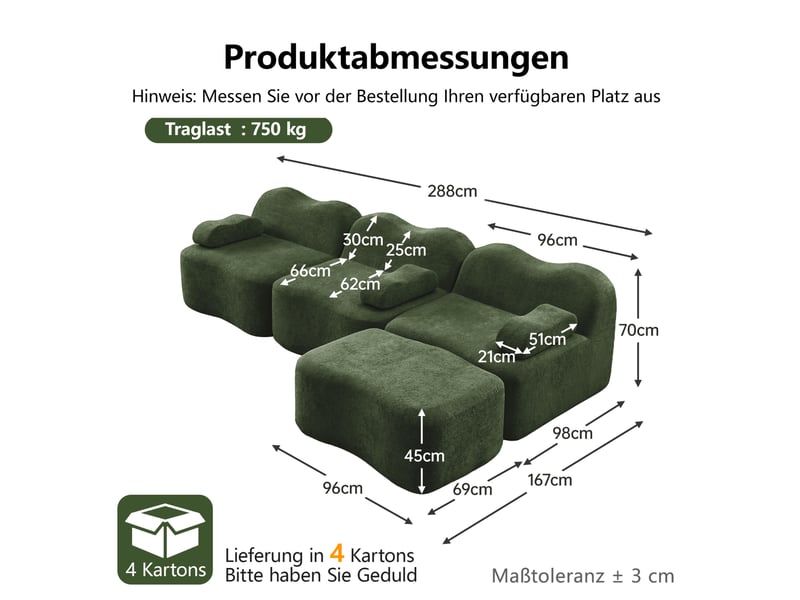  Canapé d’angle modulable 3 places en velours vert avec 1 pouf  - Conforama E