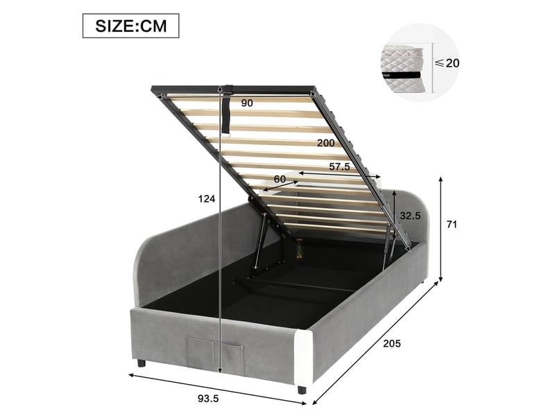 Lit enfant 90x200 cm avec rangement hydraulique, velours gris et blanc - Conforama C