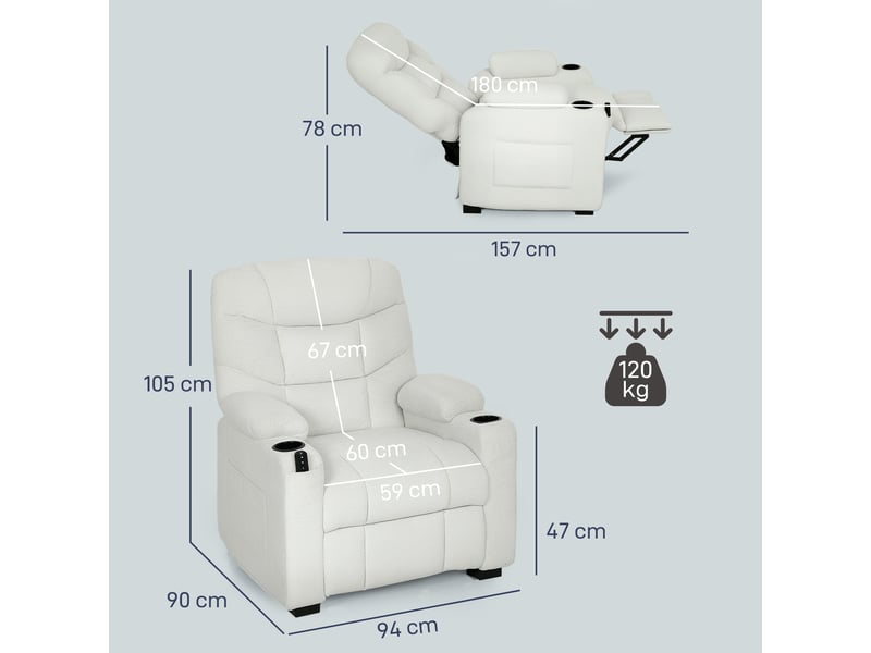  Fauteuil relax électrique, fauteuil inclinable, port usb, repose-pieds, porte-gobelets, 94 x 90 x 105 cm, crème  - Conforama E