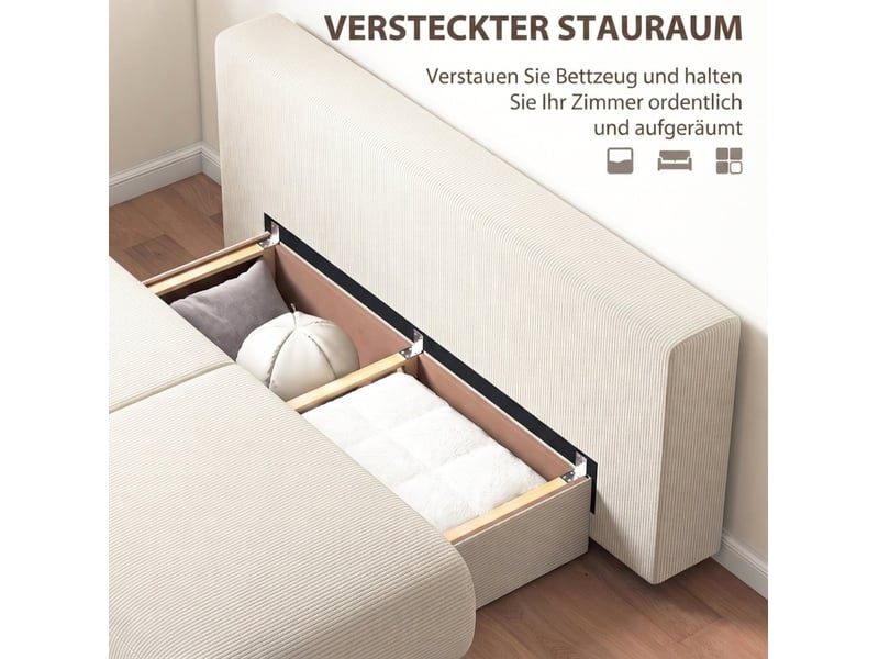  Canapé droit convertible 3 places en velours côtelé beige avec coffre, couchage 188 x 140 cm pour invités  - Conforama D