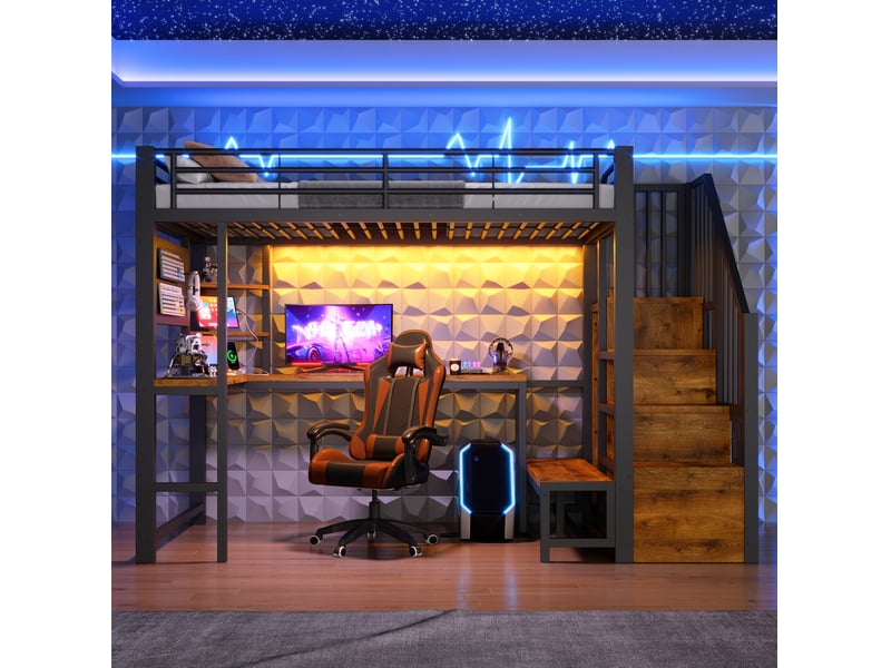  Lit mezzanine 90 × 200 cm avec bureau, étagères, led, usb et type-c, sans matelas, métal et mdf noir  - Conforama D