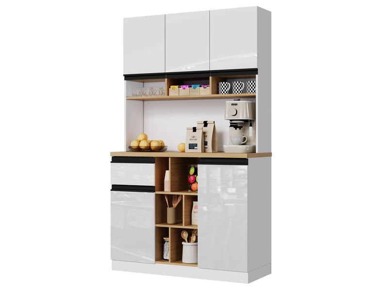  Buffet de cuisine blanc 105 x 45 x 185 cm, portes brillantes et rangements  - Conforama A
