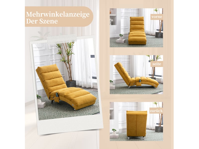  Fauteuil relax massant fixe 148x55x84 cm, soutien corps entier, vibration douce, lin, jaune moutarde  - Conforama D