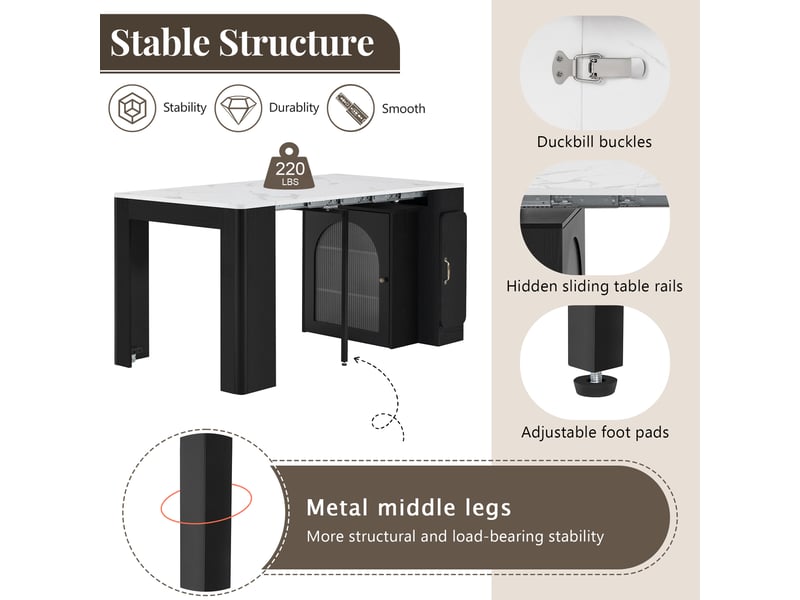  Îlot de cuisine, desserte extensible avec plateau amovible, led, prise et rangement, effet marbre, mdf et verre, noir et blanc  - Conforama E