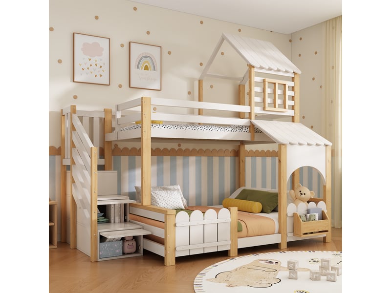 Lit superposé enfant 90 x 200 140 x 200 cm, lit familial avec escalier de rangement, étagère à livres, boîte aux lettres, toit et barrières, blanc Bliss Lite - Conforama B