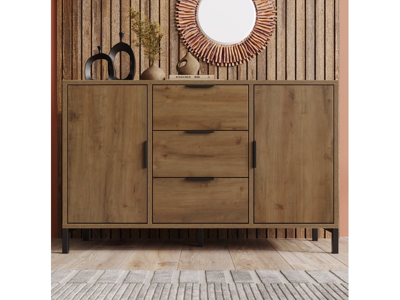  Commode 2 portes 3 tiroirs 120x40x76 cm – chêne foncé – étagère réglable et rangement style industriel  - Conforama B
