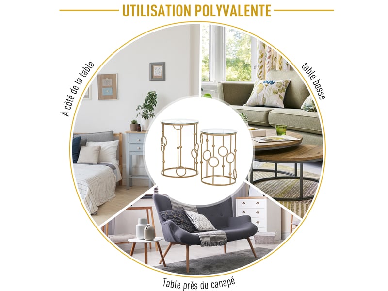 Tables gigognes lot de 2 tables basses rondes design style art déco ø 41 et ø 36 cm métal doré verre trempé 5 mm  - Conforama W
