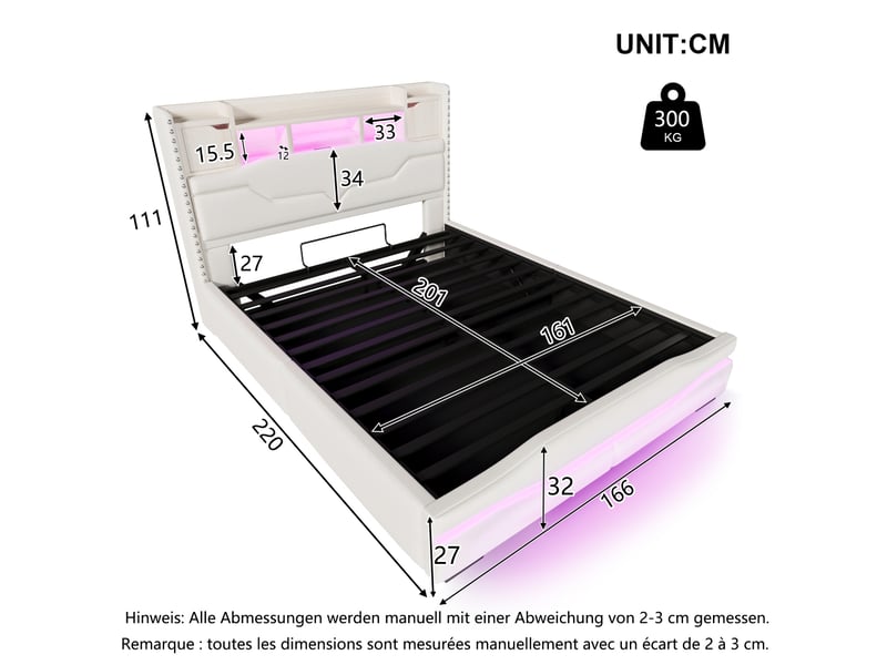  Lit rembourré, 160 x 200 cm, avec prise de chargement usb-c, éclairage d'ambiance sous le lit, tête de lit avec compartiment de rangement, lit coffre hydraulique, sans matelas, avec éclairage led, beige  - Conforama C