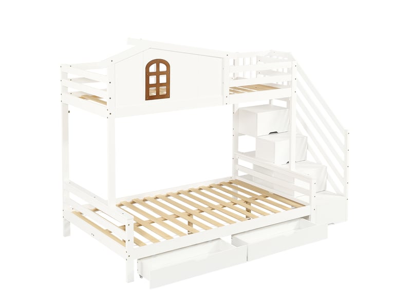 Lit superposé enfant 90x200 et 120x200 cm, 2 tiroirs, fenêtres et escalier d'angle, mdf, blanc et naturel sans matelas  - Conforama E