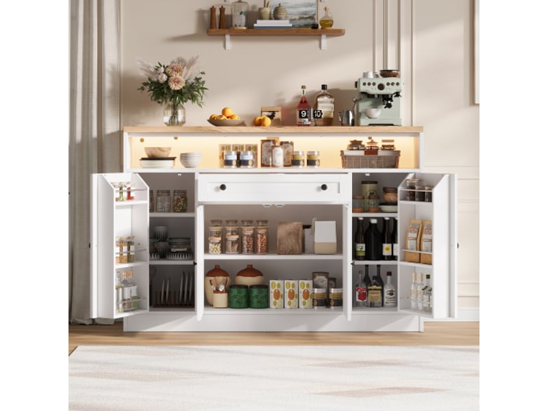  Buffet avec éclairage led rgb, 140x35x95 cm, 4 portes et 1 tiroir, mdf, couleur blanc, design moderne  - Conforama E