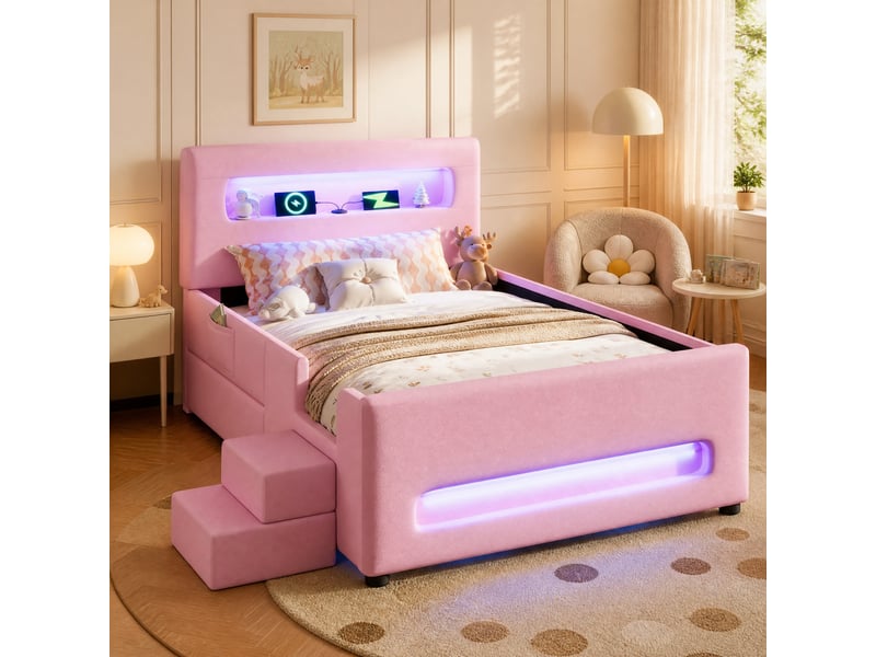 Lit simple 90x200 cm avec tiroir, éclairage led et usb, coloris rose - Conforama B
