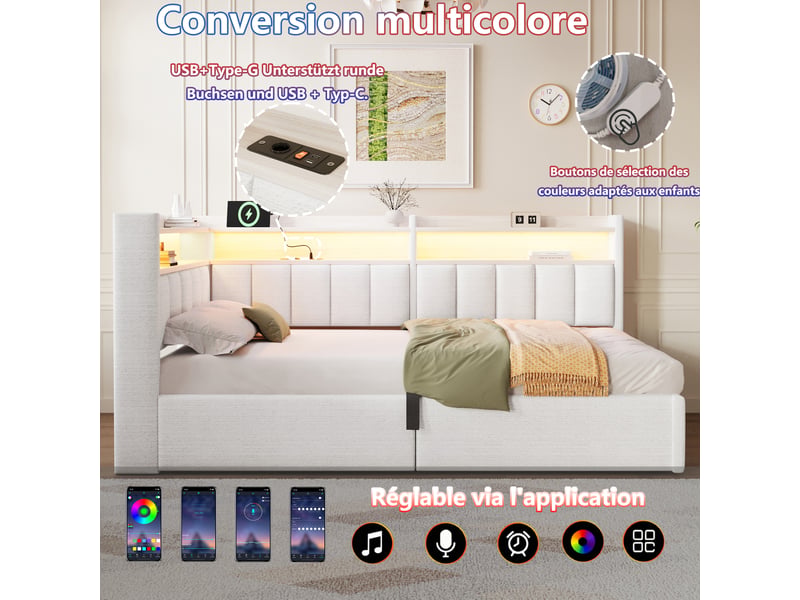  Lit coffre hydraulique 90x200 cm avec led, usb-a et usb-c et tête réversible, velours crème, sans matelas  - Conforama D