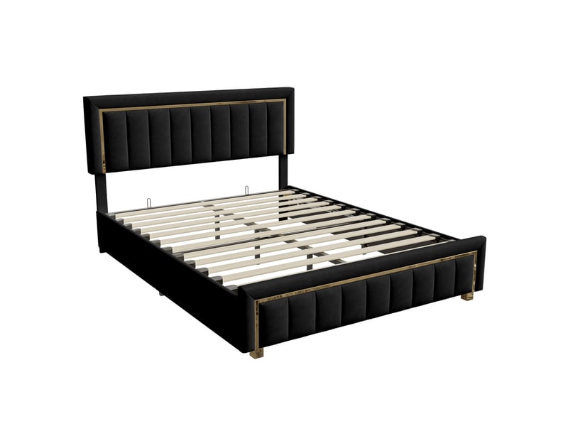  Lit double coffre - 160 x 200 cm - noir - velours, design vertical avec détails dorés, vérins hydrauliques  - Conforama E