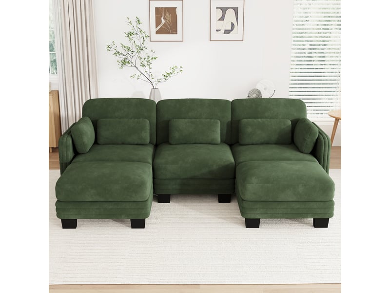  Canapé modulable en u - 3 places - 2 ottomans - tissu chenille - structure en bois massif - mobilier de salon - grand confort - vert CozyNest - Conforama B