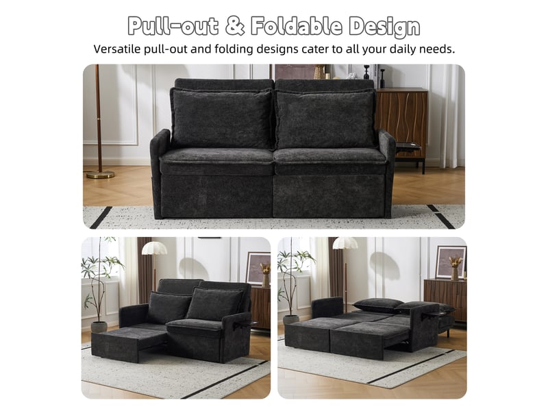  Canapé 172.5x71.0x95.0 cm dossier réglable, rangement et charge usb type-c, chenille noir  - Conforama D